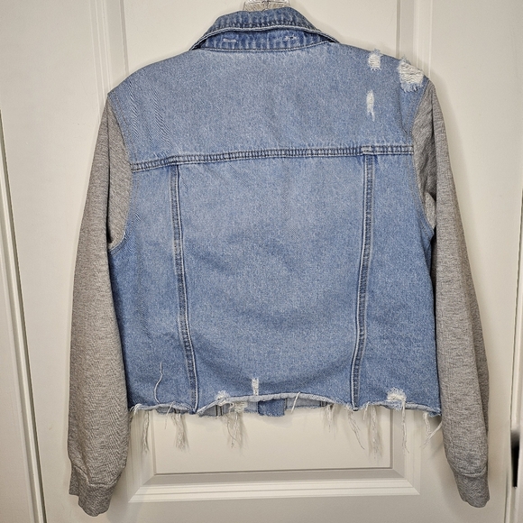 Womens Distressed Denim Jacket XL 90s Cropped Y2K Sweatshirt Sleeves Frayed Hem - Picture 7 of 9